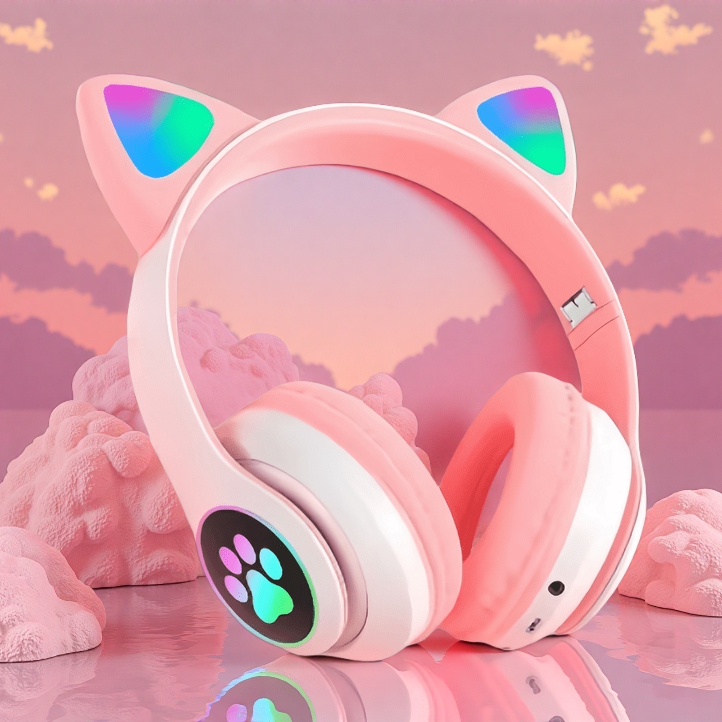Wired Earphone Lightning - Headphone Nirkabel Telinga Kucing Lucu dengan